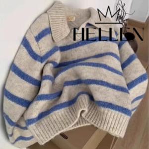 [헬렌] 캐주얼 단가라 줄무늬 가을 겨울 카라 니트 오버폴로니트 B-052