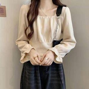 [셀러허브_여성트랜드패션]긴팔블라우스 봄 가을 스퀘어넥 여리여리 예쁜셔링