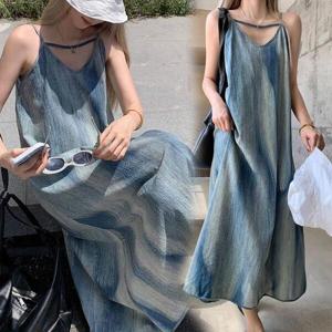 [홀리지]셀렌 블루 나염 휴양지 민소매 나시 맥시 롱원피스 맥시 드레스