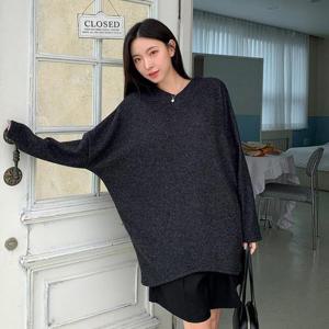 [옷자락] 여성 브이넥 부클 가오리핏 박시 긴팔 롱 티셔츠