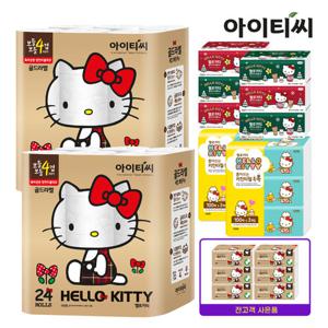 (뽑화 6팩)헬로키티 골드라벨4겹 화장지24롤2팩+ 팝업티슈6팩+키친타올6팩+뽑아쓰는화장지6팩