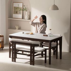[리퍼] 트레볼라 양면 포세린 세라믹 4인용 원목 식탁 세트 1500 (의자2+벤치)