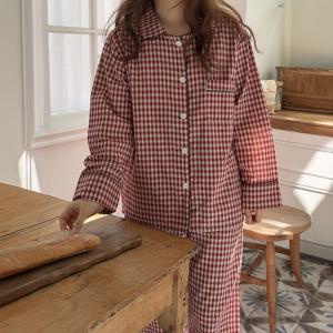 H made 카린 체크 가을 겨울 긴팔 커플 수면잠옷 파자마 세트 4color