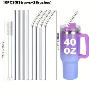 TEMU 40온스 컵 액세서리용 교체용 빨대 5/10개 세트, 식품 등급 스테인리스 긴 빨대, 스무디/아이스 커피용 청소 브러시 포함 재사용 가능한 메탈 빨대, 식기세척기 안전|텀블러
