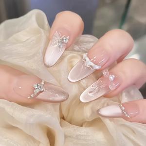 TEMU 10개 수제 공주 스타일 스커트 라인스톤 나비 네일 아트 - 3D 꽃무늬 투명 캣아이 프레스온 네일, 일상 착용 및 파티, 휴가용 재사용 가능, 우아한 디자인과 반짝이는 라인스톤과 복잡한 꽃 패턴, 파티 네일 | 우아한 네일 디자인 | 라인스톤 장식, 네일 아트 용품|네일팁