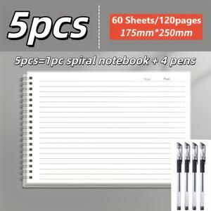 TEMU 5개 세트 (스파이럴 노트 1개 + 펜 4개 포함), 60매 120페이지 고품질 대학교용 노트, 옆면 회전 B5 가로 줄 노트, 두꺼운 투명 찢을 수 있는 페이지 노트