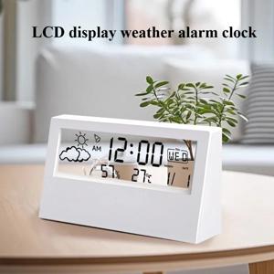TEMU LCD 액정 데스크탑 날씨 알람 시계 | 투명 캘린더, 디지털 온도 및 습도 표시, 배터리 작동, 침실 및 서재용 침대 옆 알람 시계, 플라스틱 프레임, AAA 배터리 필요