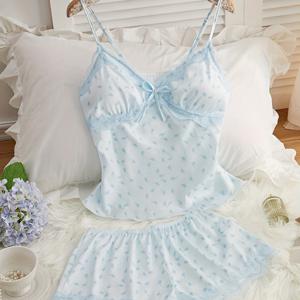 TEMU TT017 순수한 욕망 대조 레이스 캐미솔 스위트 나이트가운 세트 플로랄 섹시 라운지웨어