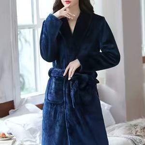TEMU 남녀공용 두꺼운 플란넬 목욕가운 - 조절 가능한 벨트, 기계 세탁 가능 솔리드 컬러 겨울 홈웨어, 편안한 스파 웨어, 가을 라운지웨어, 심플하고 우아한 디자인의 긴 소매 로브