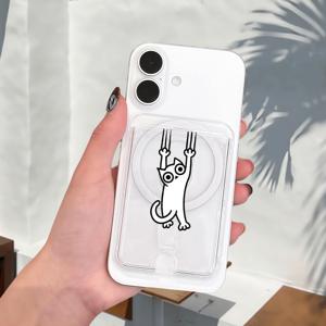 TEMU UV 프린팅! 마그네틱 카드 홀더 기기 – Magsafe 아이폰, 삼성, 샤오미 및 기타 기기와 호환, 즉시 사용 가능. 귀여운 라인 아트 디자인, 매달린 고양이 장식. 외출복 여행 필수템.