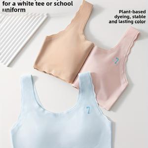 TEMU 4개입 여아용 성장기 브라 & 탱크탑 - 고양이 모양 고정 컵 패드가 있는 무봉제 통기성 스포츠 트레이닝 탑, 사계절 착용 가능한 청소년 발달 브라, 모든 활동에 적합 (학교, 스포츠, 일상복)|민소매