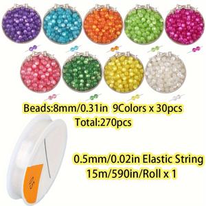 TEMU 270개 8mm 레진 아이미테이션 비즈 - 반짝이는 효과, 컬러 루스 비즈 & 탄성 끈 포함, DIY 주얼리 만들기, 팔찌 및 목걸이 공예용, 광택 마감