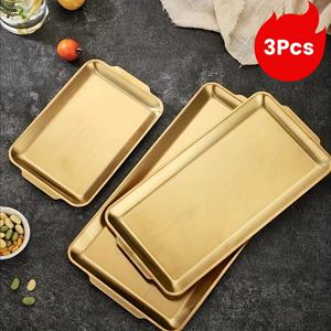 TEMU 3개 골든 스테인리스 스틸 서빙 플래터, 손잡이 있는 직사각형 메탈 디너 플레이트 - BBQ, 파티, 뷔페, 애프테이저, 그릴 플레이트, 스낵 플레이트, 레스토랑 디스플레이용 장식 트레이 - 홈 키친에 적합