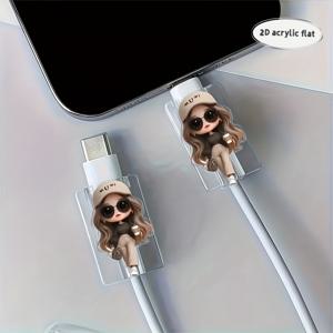 TEMU 2D 아크릴 플랫 디자인, 아름다운 안경을 쓴 소녀가 특징인 2개입 디자인, 데이터 케이블 보호 케이스로 파손 방지, 타입-C 및 iPhone 호환, 튼튼하고 사랑스러운 충전 케이블 커버, 크리스마스 선물로 완벽