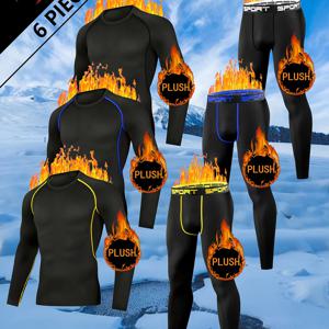 TEMU 남성용 보온 압축 언더웨어 & 팬츠 6피스 세트 - 두꺼운 겨울용 기어, 체육관, 스키, 러닝, 트레이닝용 통기성 풀바디 수트 - 야외 및 캐주얼 운동복용 타이트핏 레이어링 (엘라스테인)|요가|요가복