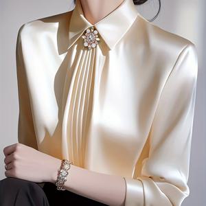 TEMU Solid Color Design Turn- Collar Elegant Long Sleeve Shirt, Fashionable and Versatile Commuter Long Sleeve Shirt, Women's ZLLZ