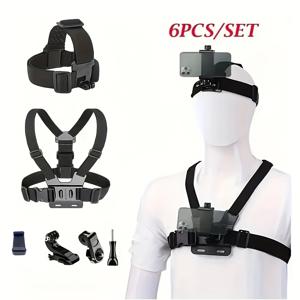 TEMU 6피스 범용 액션 카메라 세트 - 스마트폰 및 Osmo 액션 카메라용 휴대폰 거치대, 내구성 있는 액션 카메라 액세서리, 최고의 어드벤처 캡처를 위한 헤드 마운트 휴대폰 거치대, 가슴 휴대폰 거치대