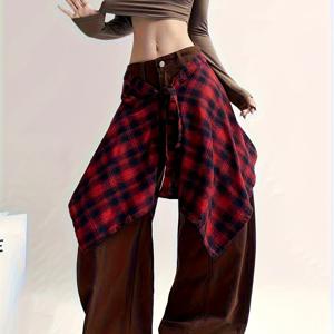 TEMU 1322 레트로 레드 깅엄 허리 끈 원피스 남녀공용 스커트 | 크리스마스 댄스 파티, 레이어링, 힙합 스트리트 스타일에 다용도로 활용 가능|댄스복