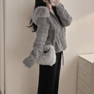 TEMU 한국식 시크한 가을 겨울 감성 패턴 소프트 왁스 코트 여성용 따뜻한 대형 퍼 칼라 후드 탑 가디건