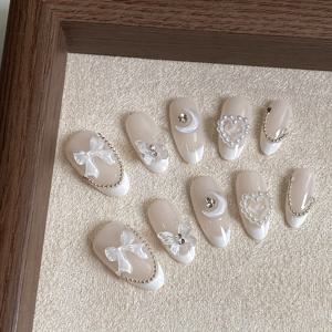 TEMU 아름다운 성격의 프렌치 아몬드 모양 리본 달 체인 10개 세트, 탈부착 가능한 웨어러블 네일 아트 프레스온 네일|네일아트