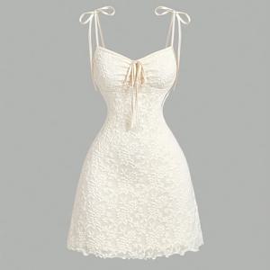 TEMU 여성용 우아한 A라인 자카드 드레스, 셔링 소매 & 리본 묶은 뒷면, 허리 조절 가능 & 스파게티 스트랩 - 사계절용 포멀 & 캐주얼 의상, 콘서트, 졸업식, 축제, 빈티지, 트로피컬, 휴가, 티 파티, 하와이안 스타일에 적합