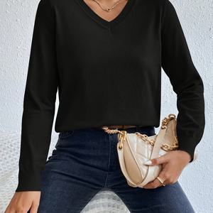 TEMU 여성용 풀오버, 가을 여성 의류, 단색 V넥 탑