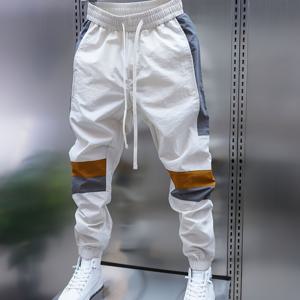 TEMU 남성용 컬러 블록 조거 팬츠 - 신축성 있는 허리밴드, 끈 조절 가능, 대조 스트라이프가 있는 캐주얼 스웨트팬츠, 화이트 & 그레이, 사계절 편안함, 레귤러 핏, 비신축 원단, 캐주얼 의상에 완벽한 조깅 팬츠