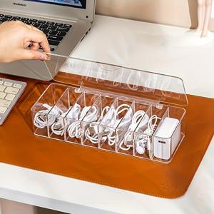TEMU 플립 뚜껑과 칸막이가 있는 아크릴 케이블 정리함 1개. 데이터 케이블 및 충전기 먼지로부터 보호하고, 가정, 사무실 및 신학기 정리에 사용할 수 있는 세련된 책상 정리함으로 디자인되었습니다.|보조배터리