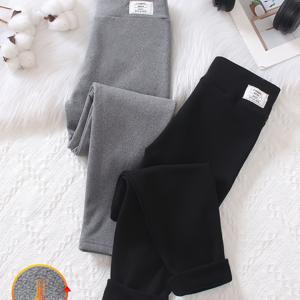 TEMU 솔리드 컬러의 양말이 있는 플리스 안감 레깅스가 특징인 여아용 패셔너블한 투피스 세트. 가을, 겨울 캐주얼 웨어 및 야외 활동에 완벽합니다.