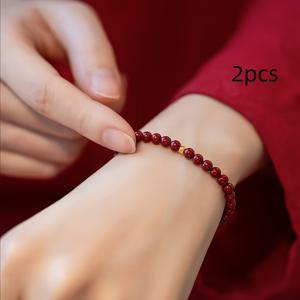TEMU 우아하고 섹시한 천연 진사석 팔찌 2개 세트, 도금 없는 순수 6mm 비즈로 모든 계절에 유연하게 착용 가능, 일상적인 착용 및 선물용 이상적인 선택, 완벽한 데이 선물