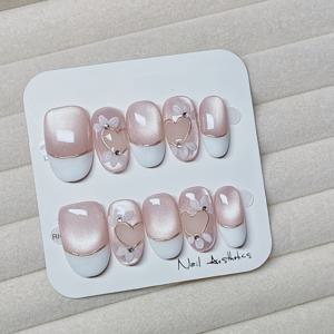 TEMU 10개 손으로 그린 흰색 꽃 금색 테두리 하트 반짝이는 고양이 눈 프렌치 네일, 짧은 사각형 원형, 순수하고 우아함, , 데이트, 신부에게 적합, 여성에게 완벽.