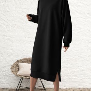 TEMU 여성용 겨울 따뜻한 안감 후드 풀 길이 드레스 - 고탄력 슬림핏 슬릿 지퍼 백 롱 드레스, 키 높이 풀 길이 슬릿 헴, 캐주얼부터 포멀 (오피스/파티) - 세탁기 사용 가능 겨울 코트 드레스