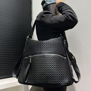 TEMU 여성용 스타일리시 메쉬 경량 숄더백, 넓은 앞면 포켓, 데일리 휴대용 가방, 넓은 어깨 스트랩으로 크로스바디 또는 핸드 캐리 가능.