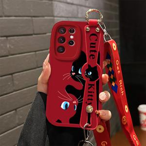 TEMU 갤럭시 S25 S24 S23 S22 S21+ S20 울트라/플러스/FE용 포옹하는 고양이 패턴 폰 케이스, 귀여운 만화 손목 스트랩, 트렌디한 크리에이티브 스탠드 및 랜야드, 크로스바디 스트랩, 여성용 풀바디 드롭 보호 케이스|핸드폰스트랩|S21케이스|S22케이스