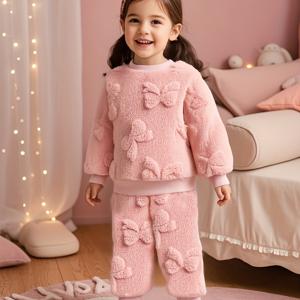 TEMU 여아용 긴팔 플러시 가을/겨울 의상, 라운드넥 및 리본 매듭, 미니 패턴 특징, 따뜻하고 캐주얼한 착용에 적합, 투피스 세트로 제공, 야외 활동에 적합