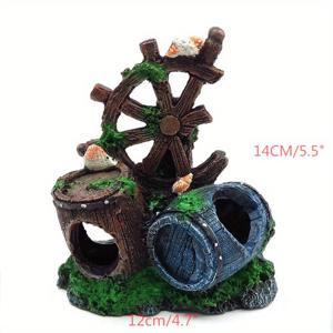 TEMU 공룡 서식지, 물고기, 새우, 시클리드 탈출 동굴 (합성 레진 재질)로 구성된 소박한 와인 버킷 모양의 장식용 어항 세팅