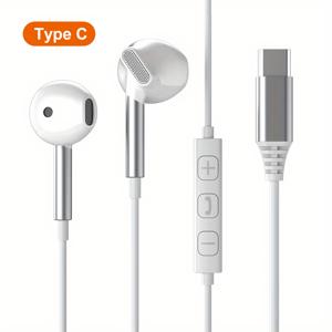 TEMU 1pc HiFi 9D 서라운드 사운드 유선 이어버드, 볼륨 제어, Type C 및 3.5mm 연결성, Samsung Galaxy S24/S23/S22 Ultra 및 iPhone 15 Pro Max와 호환 가능, 플라스틱 소재, 콘덴서 마이크, 충전 불가능 - 성인용