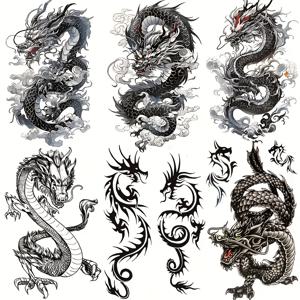 TEMU 팔뚝에 붙이는 검은 용 테마 임시 문신 6개, 성인 남녀 모두에게 적합, 큰 반팔 바디 아트 스티커, 방수 및 사실적인 임시 문신 데칼|타투스티커