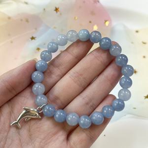 TEMU 오션 테마 천연 아쿠아마린 탄성 팔찌 with 돌고래 펜던트, 바다에서 영감을 받은 디자인, 여성을 위한 패션 주얼리, 3월 탄생석 휴가 선물, 일상 및 휴가 액세서리로 이상적, 돌고래 애호가 선물|탄생석