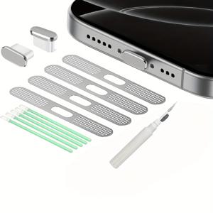 TEMU USB C 먼지 플러그 2개 패키지, 청소 키트 포함 4개 메탈 스피커 먼지 방지 메쉬, 타입 C 충전 포트 플러그 커버 스피커 먼지 커버, for iPhone 16/16 Plus/16 Pro/16 Pro Max/for iPhone Pro/Pro Max/Plus용 폰 액세서리
