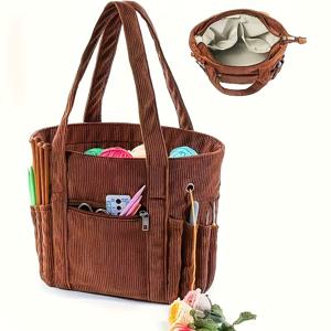 TEMU 뜨개질용 코듀로이 소재 대용량 털실 보관 가방, 코바늘 도구 휴대에 적합