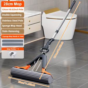 TEMU 다용도 더블폴드 스펀지 걸레 + 리필 헤드 2개 - 초흡수 스펀지 헤드, 핸즈프리 물짜기 시스템, 건식/습식 겸용, 주방, 욕실, 거실, 바닥, 타일, 원목에 이상적 - 필수 크리스마스 청소 도구|물걸레청소기