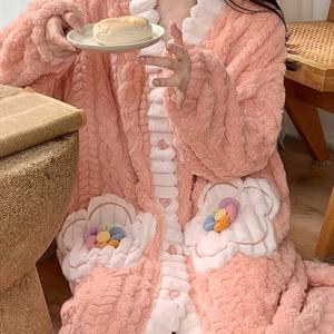 TEMU 여성용 코랄 플리스 가운, 두꺼운 플란넬 안감 겨울용 롱 베드가운, 플러스 사이즈 잠옷