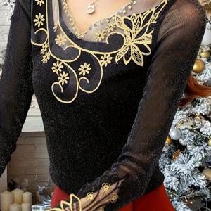 TEMU 여성용 우아한 긴팔 티셔츠 - 슬림핏 V넥 상의, 플로럴 레이스 패턴, 솔리드 컬러 캐주얼 시크 레이어링 가을/겨울 의류