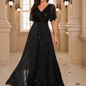 TEMU 우아한 V넥 이브닝 가운, 대형 마리앙투아네트 소매 - 가슴 패딩 포함, 슬림핏 맥시 웨딩 갈라 프롬 드레스, 손세탁 가능한 솔리드 컬러 정장, 봄/여름용 (지퍼 백)|여름원피스