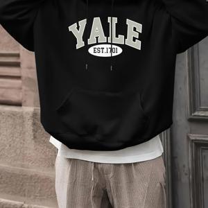 TEMU YALE 남성용 후드 플리스 스웨트셔츠, 캐주얼 웨어를 위한 다재다능하고 편안한 긴팔 풀오버, 심플한 슬로건의 아웃도어 스트리트 스타일에 적합하며 가을 및 겨울에 이상적입니다.