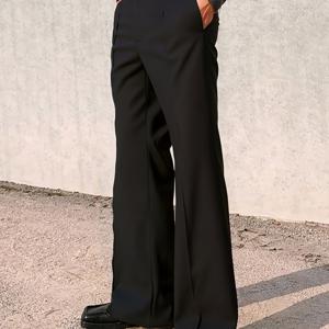 TEMU 남성용 미드-하이웨이스트 레그 슬라이트 플레어 드레스 팬츠, 봄/가을 캐주얼 정장 바지