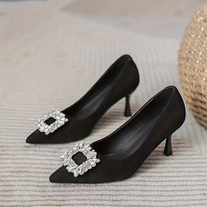 TEMU 여성용 블랙 뾰족코 하이힐, 얇은 굽, 얕은 입구, 심플하고 우아한 스톤 버클, 연회 웨딩화, 이브닝 플랫슈즈, 다용도 여성 구두