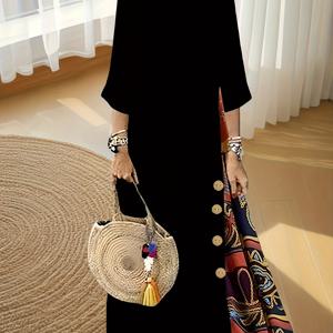 TEMU 플러스 사이즈, 가을/겨울 긴팔 컬러 블록 드레스, 프린트 버튼 캐주얼 라운드넥 여성 플러스 사이즈 드레스