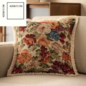 TEMU 1개 빈티지 플로럴 소파 베개 커버 - 100% 비스코스 폴리에스터, 지퍼 잠금, 손세탁 전용, 거실·침실·차량 장식용 (내부 쿠션 미포함)